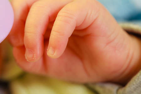 Childhood, infant care, parenting, body details concept. Little newborn baby hand closeup.の写真素材