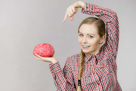 Intellectual expressions, being focused concept. Closeup of attractive woman happy thinking face...