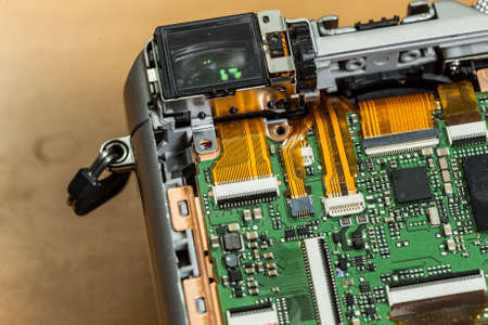 Camera inside, parts of sensor matrix close up. Fixing technology modern device.の写真素材