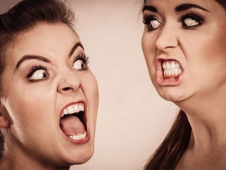 Two agressive women having argue fight being mad at each other. Female violance concept.の写真素材