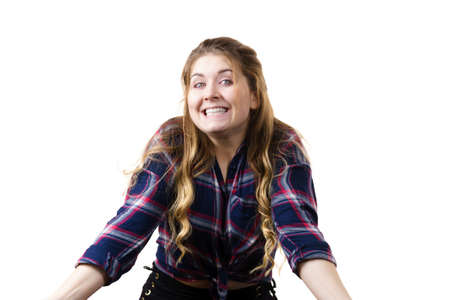 Portrait of happy cheerful natural pretty young woman with long brown hair. Teenage beauty concept.の写真素材