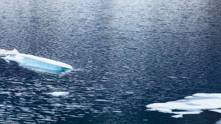 Ice fragments in river or lake water. Dark blue natural background