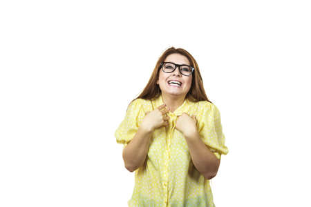 Feminine beauty concept. Portrait of beautiful young woman with long brown hair wearing eyeglasses....