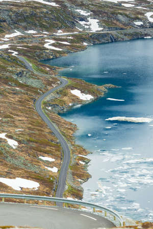 Tourism holidays and travel. Road to Dalsnibba mountain and Djupvatnet lake in Stranda More og Romsdal, Norway Scandinavia.の写真素材