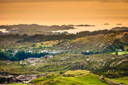 Tourism vacation and travel. Island Sotra landscape and fjord near bergen in norway, scandinavia.の写真素材