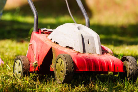 Gardening, garden service. Old lawn mower cutting green grass in backyard. Mowing field with lawnmower in sunny day.の写真素材