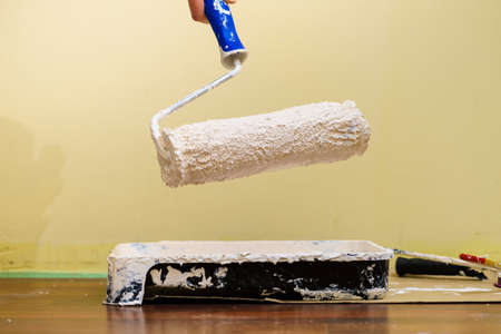 Home renovation, walls color change, diy concept. White paint with essentials equipment.