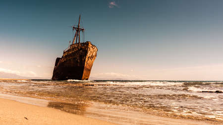Greek coastline with the famous rusty shipwreck Dimitrios in Glyfada beach near Gytheio, Gythio Laconia Peloponnese Greece.の写真素材