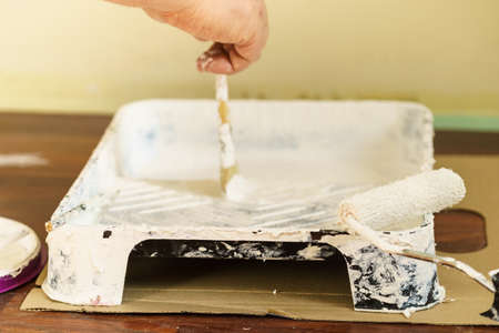 Home renovation, walls color change, diy concept. White paint with essentials equipment.の写真素材