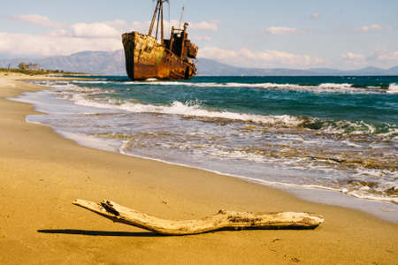 Greek coastline with the famous rusty shipwreck Dimitrios in Glyfada beach near Gytheio, Gythio Laconia Peloponnese Greece.の写真素材