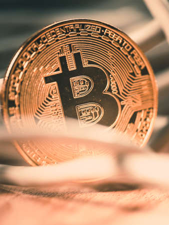 Bitcoin as crypto currency, virtual internet coin. Online banking and shopping. Digital trades,...