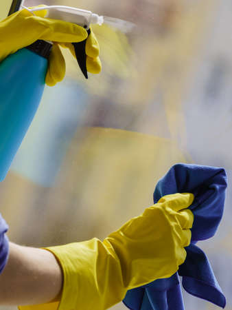 Female hand in yellow gloves cleaning window pane with rag and spray detergent. Cleaning conceptの写真素材