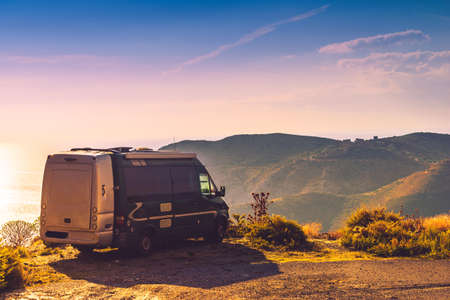 Tourism vacation and travel. Camper van on nature at morning time, Greece Peloponnese Mani Peninsula.