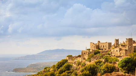 Greece Vatheia village. Old abandoned tower houses in Vathia Mani Peninsula, Laconia Peloponnese Europe.のeditorial素材
