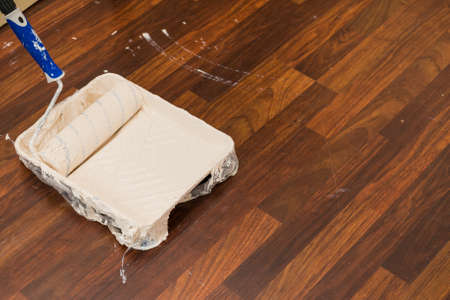 Home renovation, walls color change, diy concept. White paint with essentials equipment.の写真素材