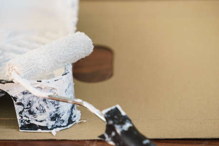Home renovation, walls color change, diy concept. White paint with essentials equipment.の写真素材