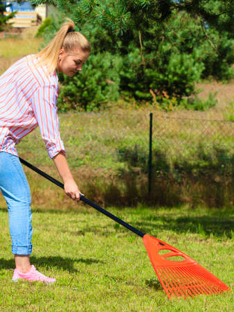 Woman raking leaves using rake. Person taking care of garden house yard grass. Agricultural, gardening equipment concept.の写真素材