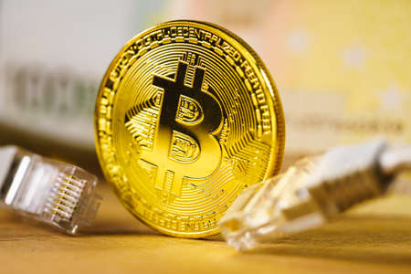 Bitcoin as crypto currency, virtual internet coin. Online banking and shopping. Digital trades, electronic finances.の写真素材