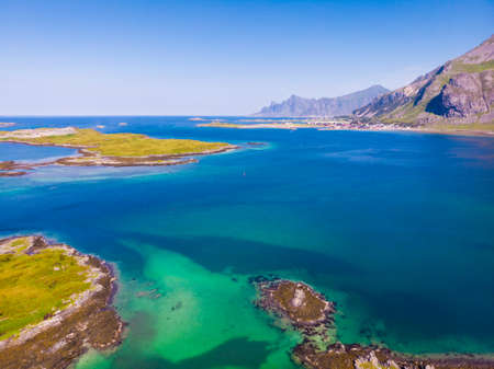Sea with mountains, norwegian summer landscape on Lofoten archipelago Nordland county, Norway. Tourist attraction.の写真素材