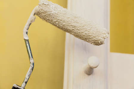 Home renovation, walls color change, diy concept. White paint on roller brush close up.