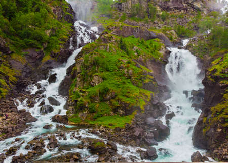 Norwegian landscape. Waterfall Latefoss Latefossen, Odda Hordaland County in Norway. National tourist Hardanger road 13.の写真素材