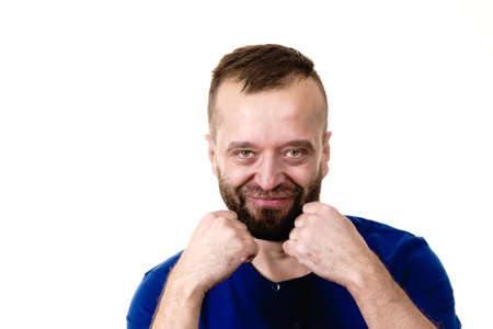 Funny adult man, guy folling around gesturing with hands. Positive emotions concept.の写真素材