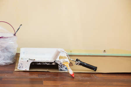 Home renovation, walls color change, diy concept. White paint with essentials equipment.