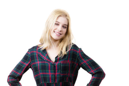 Portrait close up of happy pretty young blonde woman. Teenage beauty concept.の写真素材