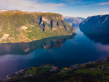 Aurlandsfjord fjord landscape, Norway Scandinavia. National tourist route Aurlandsfjellet.の写真素材
