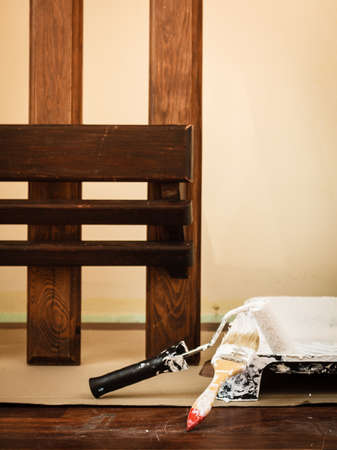 Home renovation, walls color change, diy concept. White paint with essentials equipment in flat.の写真素材