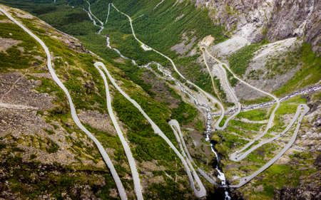 Aerial view. Trolls Path Trollstigen or Trollstigveien winding scenic mountain road in Norway...