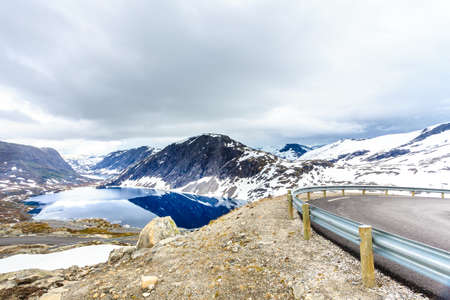 Tourism holidays and travel. Road to Dalsnibba mountain and Djupvatnet lake in Stranda More og Romsdal, Norway Scandinavia.の写真素材
