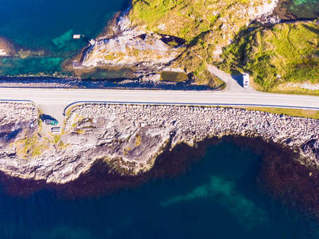Aerial view. Motorhome camper cars on roadside at Atlantic road, norwegian national tourist scenic route Ryfylke.の写真素材