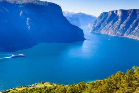 Aurlandsfjord fjord landscape, Norway Scandinavia. National tourist route Aurlandsfjelleの写真素材