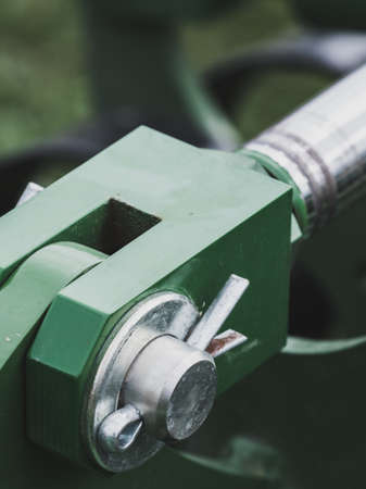 Agriculture equipment concept. Industrial detailed pneumatic, hydraulic silver machinery made of steel.の写真素材