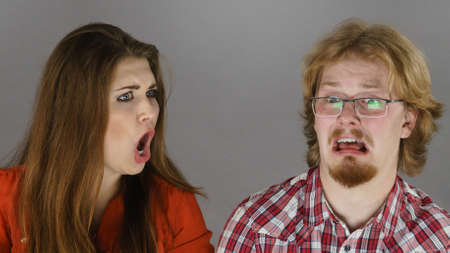Man and woman having horrible fight. Friendship, couple breakup difficulties and problems concept.