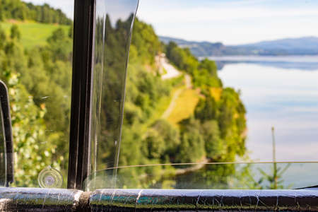 Snasa lake Snasavatnet sixth largest lake in Norway, Nord Trondelag county, scenic nature. View from camper van windowの写真素材