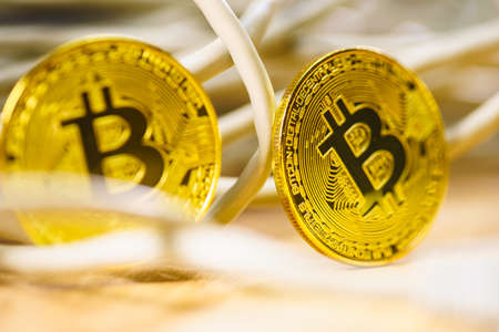 Bitcoin as crypto currency, virtual internet coin. Online banking and shopping. Digital trades,...
