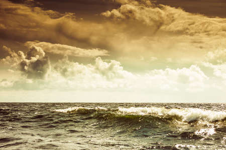 Colorful sunset over evening sea horizon, clouds sky. Tranquil scene. Natural background. Landscape....
