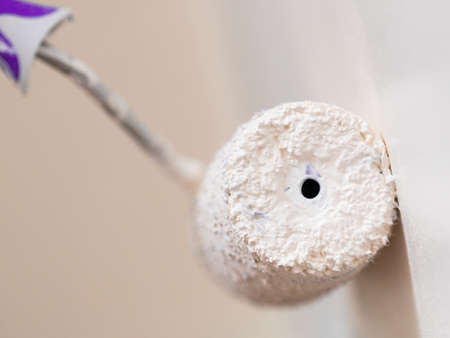 Person appplying paint on wall using roller brush. Home renovation concept.