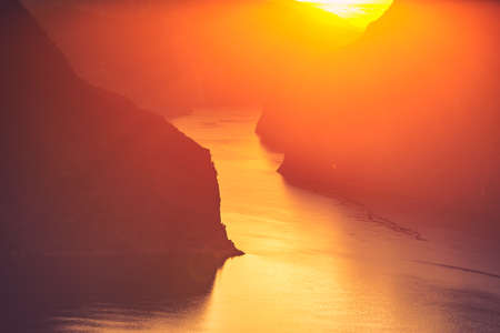 Aurlandsfjord fjord landscape at sunset, Norway Scandinavia. National tourist route Aurlandsfjellet