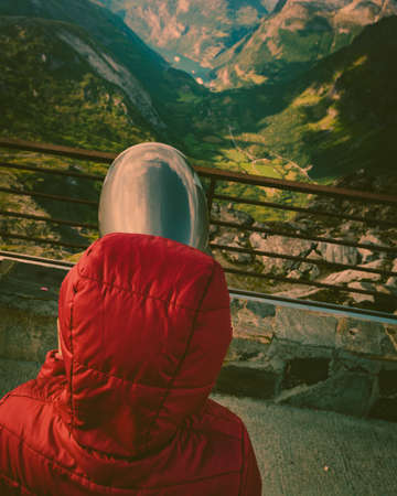 Tourism vacation and travel. Female looking through sightseeing binoculars tourist telescope,...