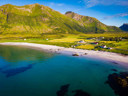 Coast of Gimsoya island, Gimsoysand sandy beach in summer. Nordland county, Lofoten archipelago Norway. Tourist attraction.の写真素材