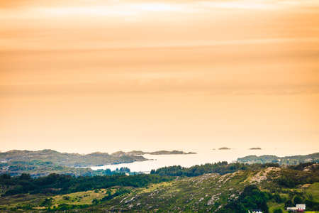Tourism vacation and travel. Island Sotra landscape and fjord near bergen in norway, scandinavia.の写真素材