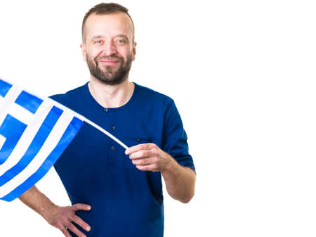 Man with greek waving flag, national symbol of Greece, isolated on whiteの写真素材
