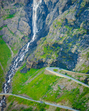 Aerial view. Trolls Path Trollstigen or Trollstigveien winding scenic mountain road in Norway Europe. National tourist route.の写真素材