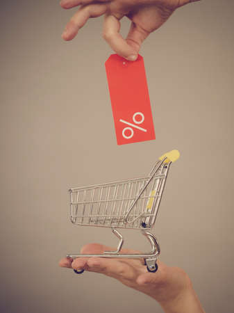 Affordable sales. Female hand holding small shopping trolley cart with percentage sale sign, on greyの写真素材