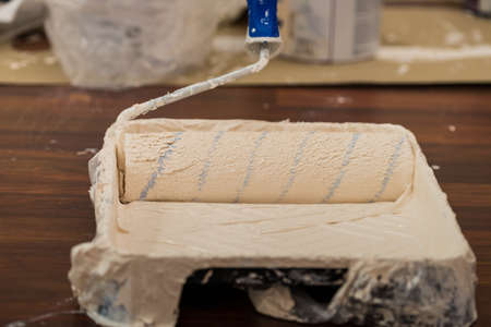Home renovation, walls color change, diy concept. White paint with essentials equipment.の写真素材