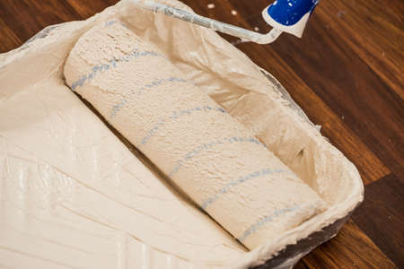 Home renovation, walls color change, diy concept. White paint with essentials equipment.の写真素材