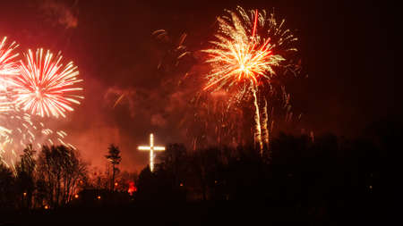 Firework explosion in the sky, celebrating new year in Gdynia city, Poland. Colorful fireworks at holiday night.の写真素材